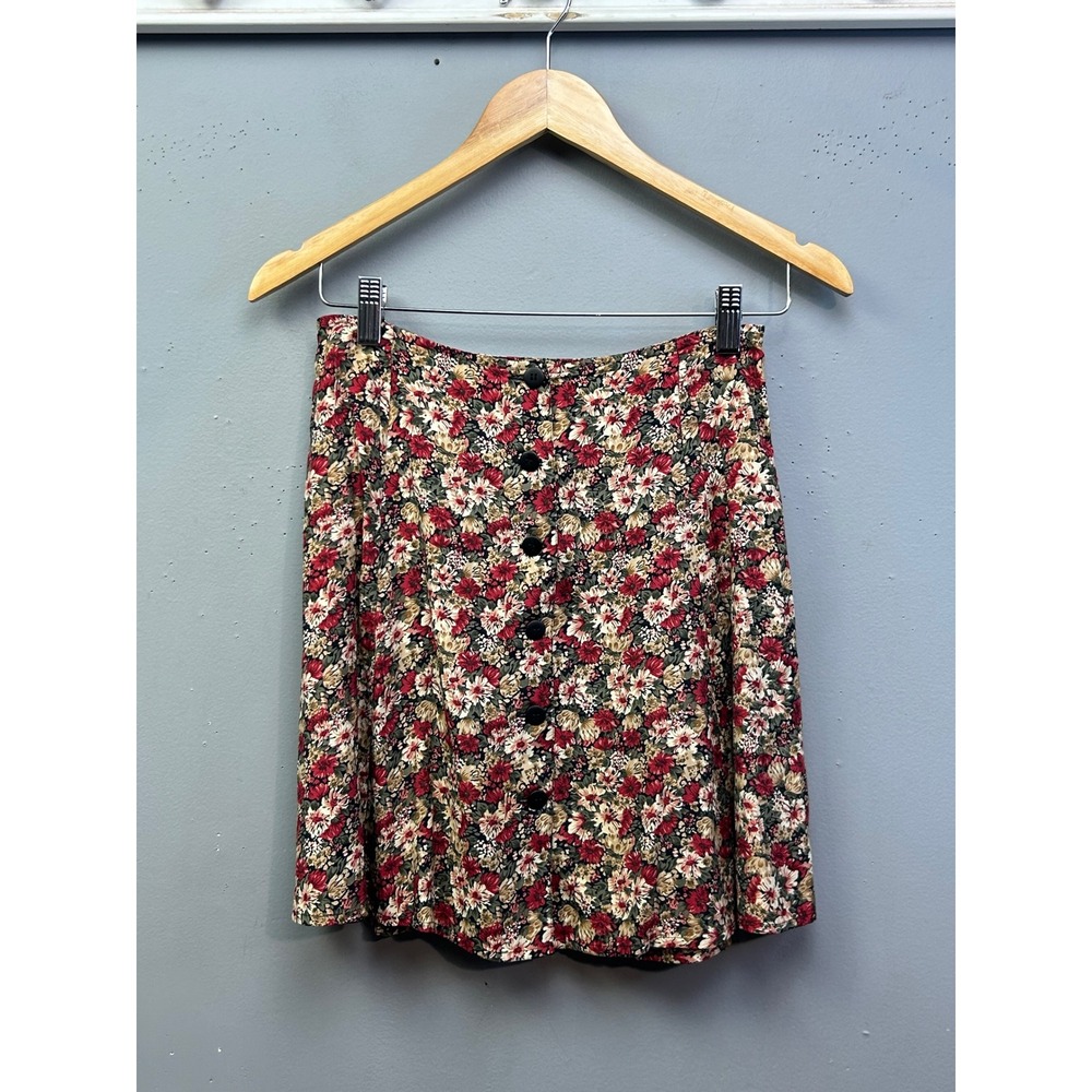 Express Skirt Womens 8 Red Floral Compagnie Int Vintage 90s Rayon Mini Retro